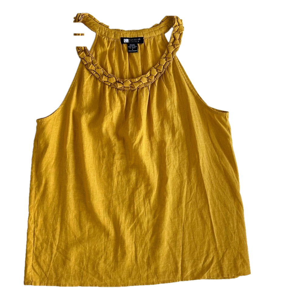 Vintage Canada Designer Carole Little Linen Braided Tank Top Blouse Yellow Large